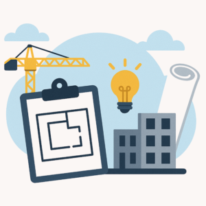 Illustration de la conception d'un projet : plan, grue et bâtiment