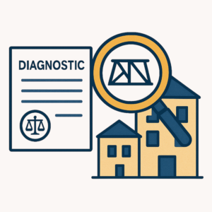Illustration d'un diagnostic structurel : loupe sur une charpente et rapport